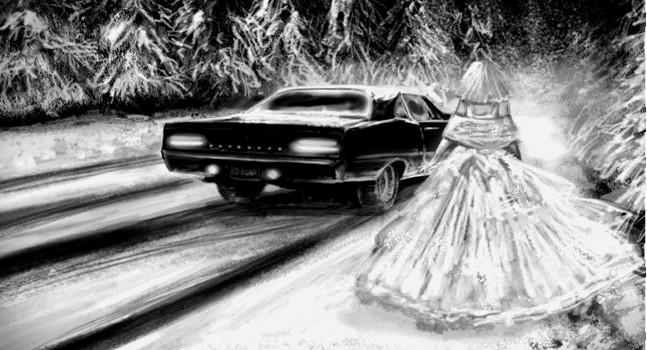 L'auto stoppeuse dame blanche robe de mariage voiture bord de la route légende théâtre paris 