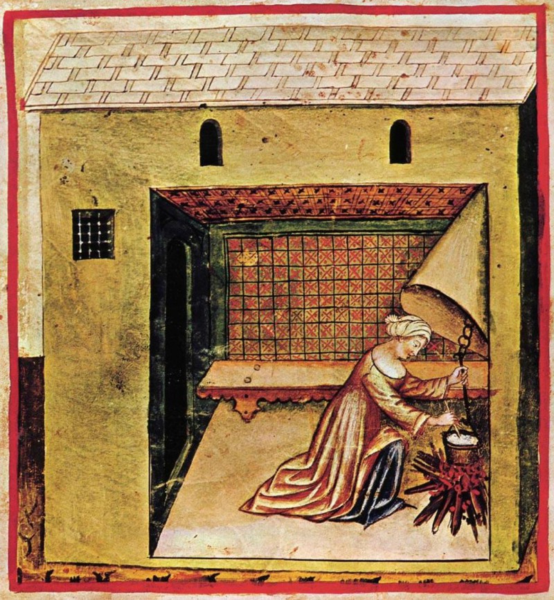 Une femme qui cuit ses légumes au Moyen-Âge
