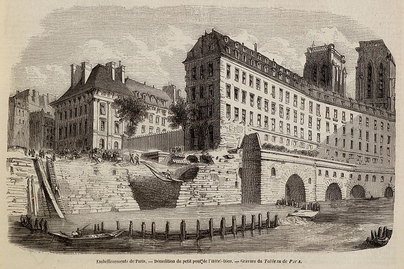 Les cagnards lors de la démolition de l'ancien petit pont de l'Hôtel-Dieu vers 1850