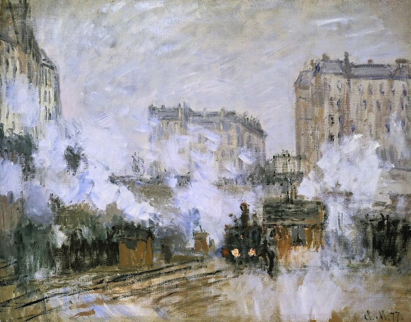Extérieur de la gare Saint-Lazare, arrivée d'un train, 1877