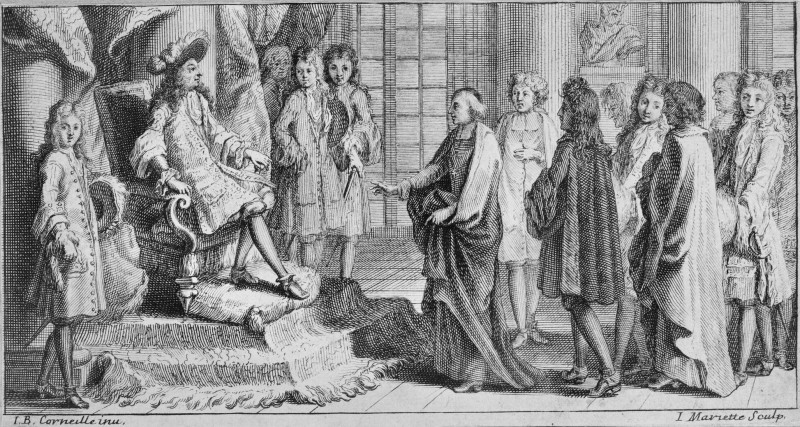 Les membres de l'Académie Française venant offrir à Louis XIV leur Dictionnaire en 1694.