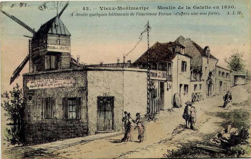 Le Moulin de la Galette vers 1850, quelques années avant l'annexion de Montmartre par Paris
