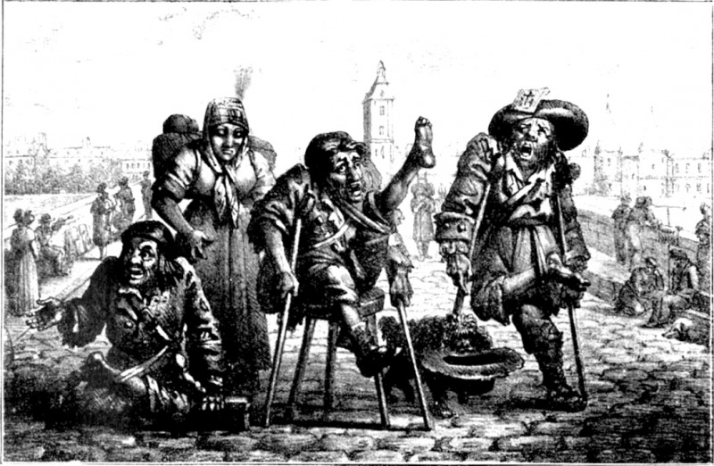 Quatre mendiants au Pont au Change, gravure de Jean Henry Marlet