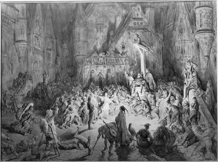 La cour des Miracles par Gustave Doré, illustration de la vision romantico-médiévale dépeinte dans Notre-Dame de Paris de Victor Hugo.