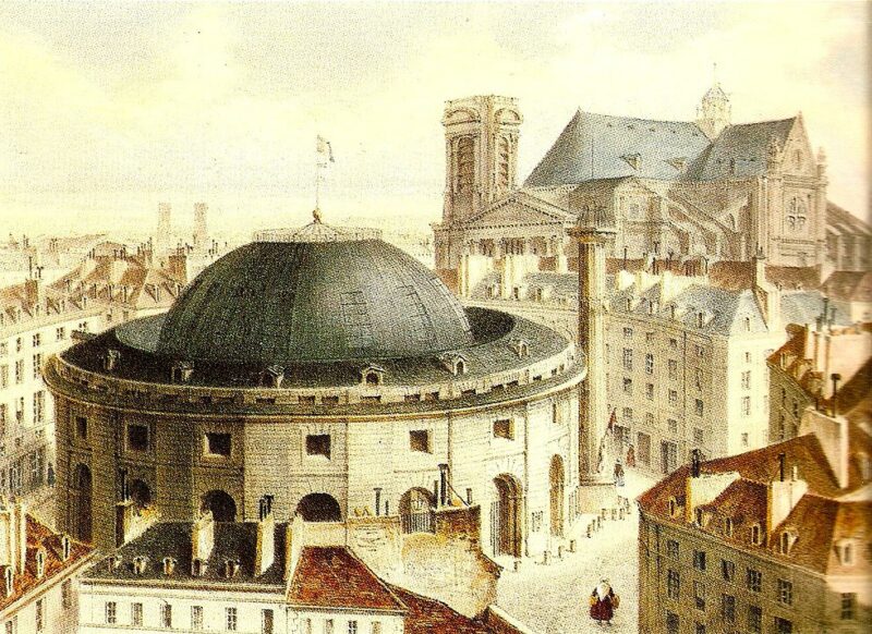 Nicolas Chapuy, Vue extérieure de la Halle au Blé montrant la coupole métallique percée des jours supplémentaires ouverts en 1838.