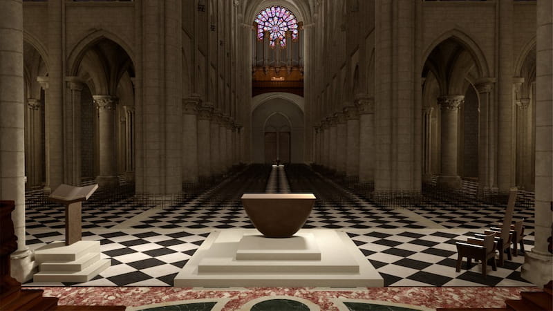 Mise en situation du projet de mobilier liturgique de Guillaume Bardet dans la cathédrale Notre-Dame de Paris © Guillaume Bardet