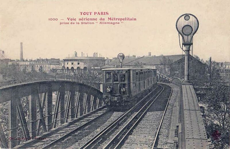 Carte postale du début du XXe siècle représentant une rame arrivant à la station Allemagne (actuelle station Jaurès)
