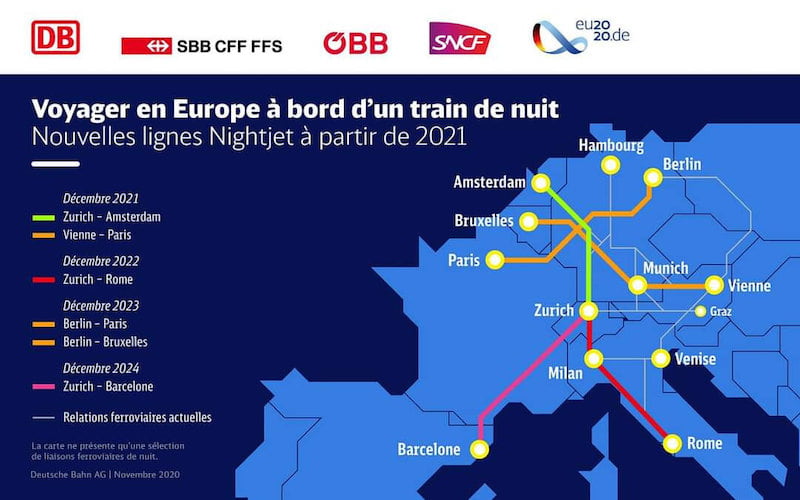 Carte représentant les trains de nuit © Deutsche Bahn AG