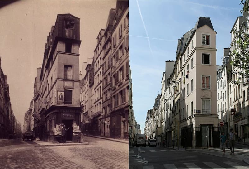 Les rues de Cléry et de Beauregard. Vue prise par Atget en 1907 et vue actuelle.