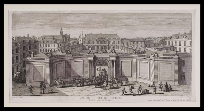 Gravure de la façade sud de l'hôtel de Soubise depuis la rue (Jean-Baptiste Rigaud, 1750). DR