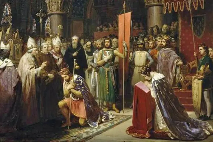 Louis VII le Jeune ou le Pieux prenant la bannière à Saint-Denis avant son départ en croisade en 1147 - Huile sur toile de Jean Baptiste Mauzaisse © Getty Images