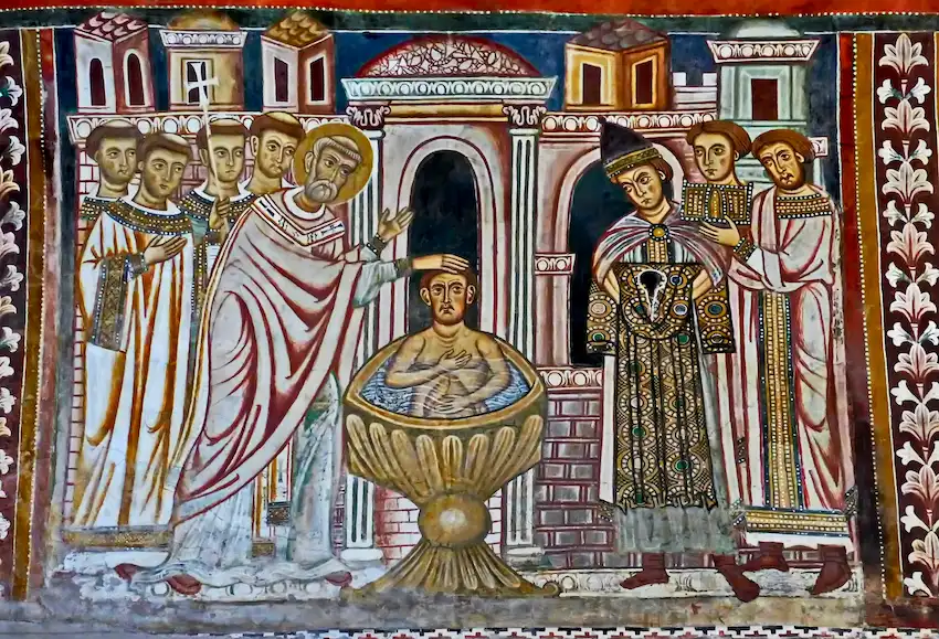 Baptême de Constantin Ier par Sylvestre, fresque de la Basilique des Quatre-Saints-Couronnés, XIIIe siècle