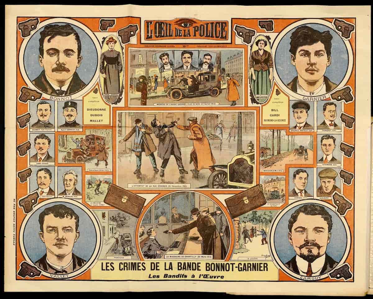 « Les crimes de la bande Bonnot-Garnier », illustration du magazine L'Œil de la police, 1912.