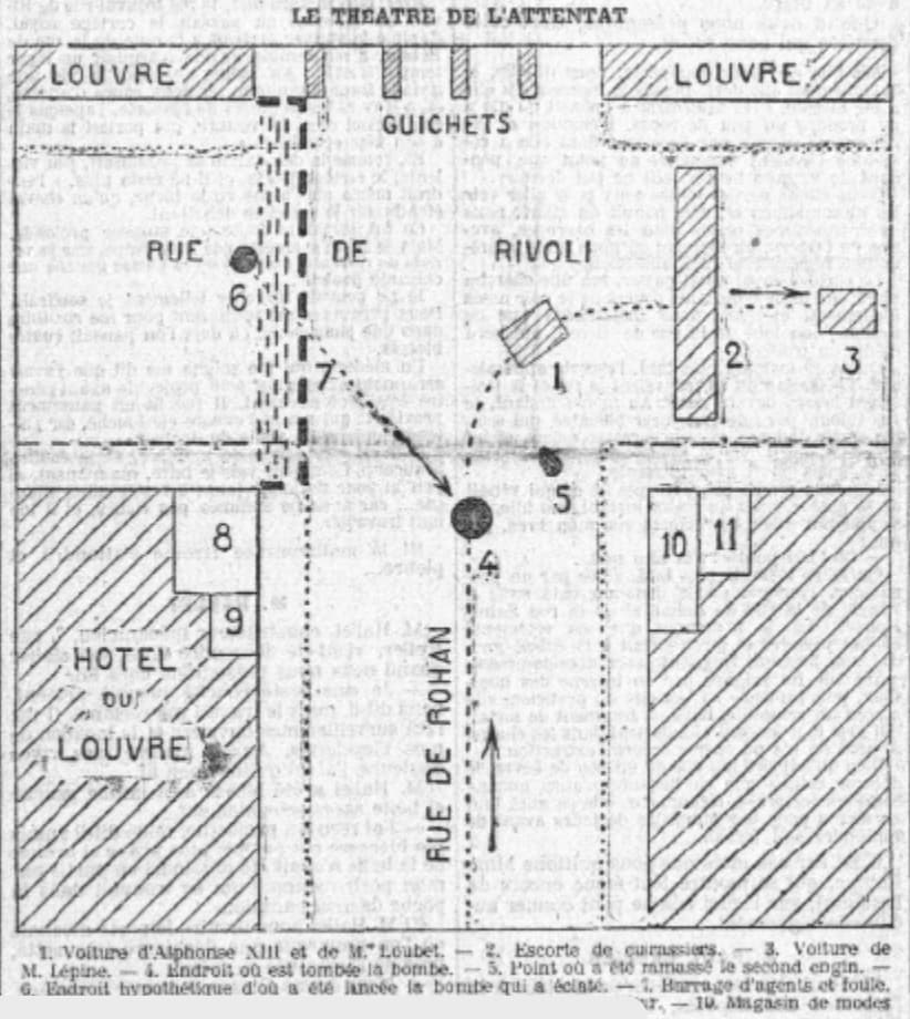Plan détaillé retraçant l'attentat (Le Petit Parisien, 2 juin 1905)