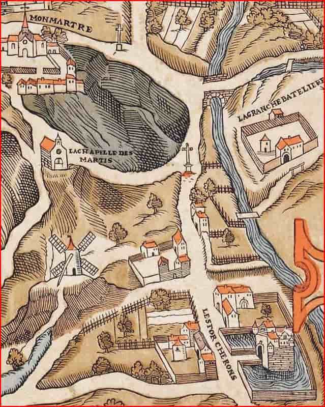 Fragment du plan de Truschet et Hoyaux, avec la ferme de la Grange-Batelière, le château des Porcherons et le ruisseau de Ménilmontant, 1550