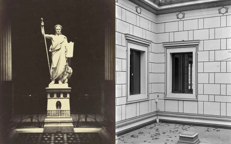 A gauche : statue de Napoléon Ier, anonyme. A droite : atrium au 1er étage (1891) © Ministère de la Culture / Médiathèque du patrimoine et de la photographie / Dist. RMN-Grand Palais / Alfred-Nicolas Normand