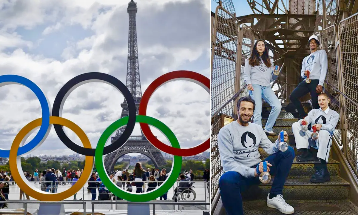 Tony Estanguet, Président de Paris 2024, avec les athlètes Sara Balzer, Marie Patouillet et Arnaud Assoumani © Tour Eiffel