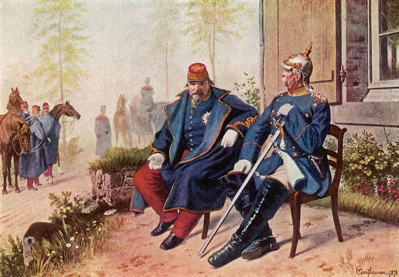 Napoléon III et Bismarck le matin après la bataille de Sedan le 2 septembre 1870, d'après W. Camphausen © Wikicommons