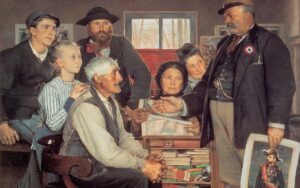 Jean-Eugène Buland, Un colporteur d'imprimés diffuse des portraits du général Boulanger auprès d'une famille paysanne (propagande), 1889