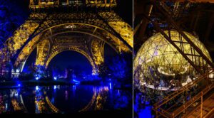 Jardins illuminés au pied de la tour Eiffel et bulle transparente sur la terrasse d'hiver © Société d’Exploitation de la tour Eiffel | Fabrice Gaboriau