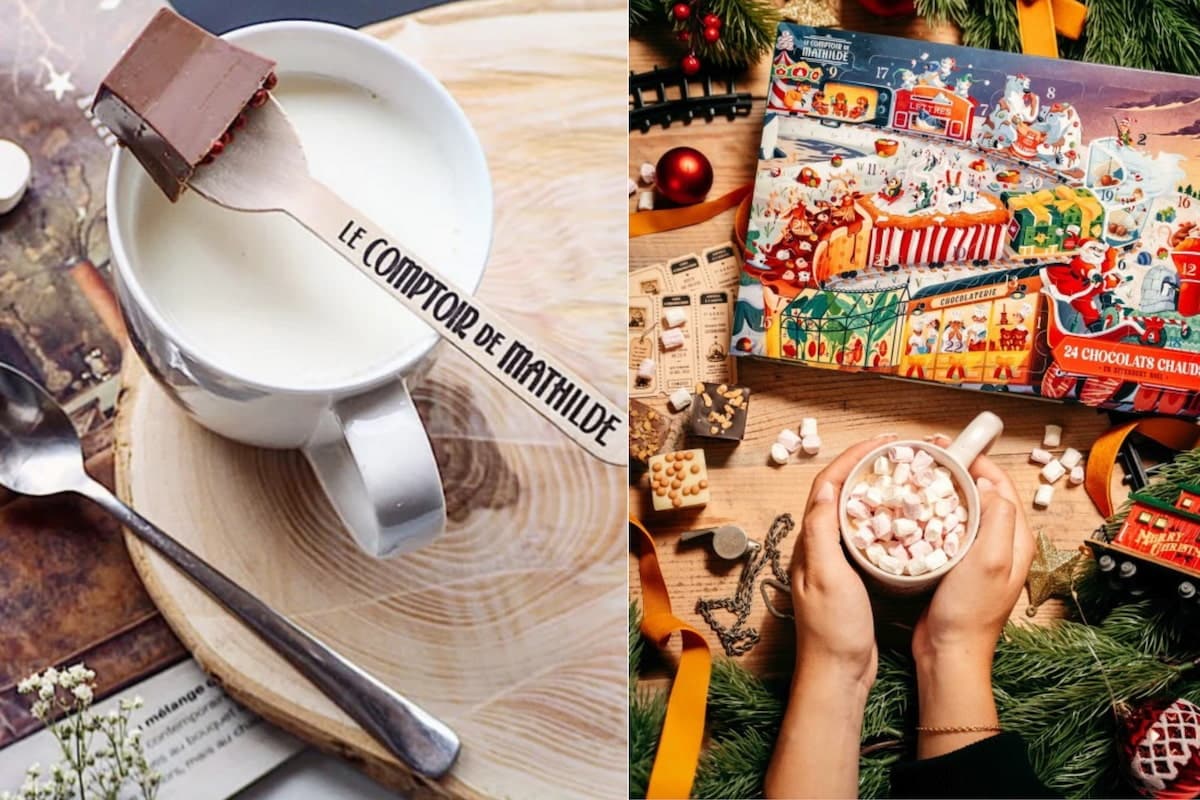 Calendrier de l'Avent 2026 Le Comptoir de Mathilde, avec ses chocolats à faire fondre dans du lait chaud et une tasse de chocolat chaud.