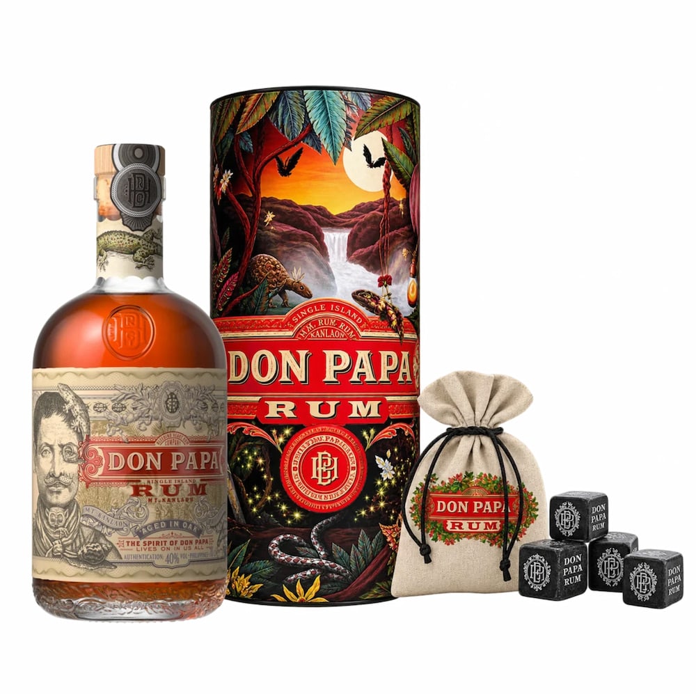 Coffret Don Papa Rum Single Island avec bouteille de rhum et pierres glaçons