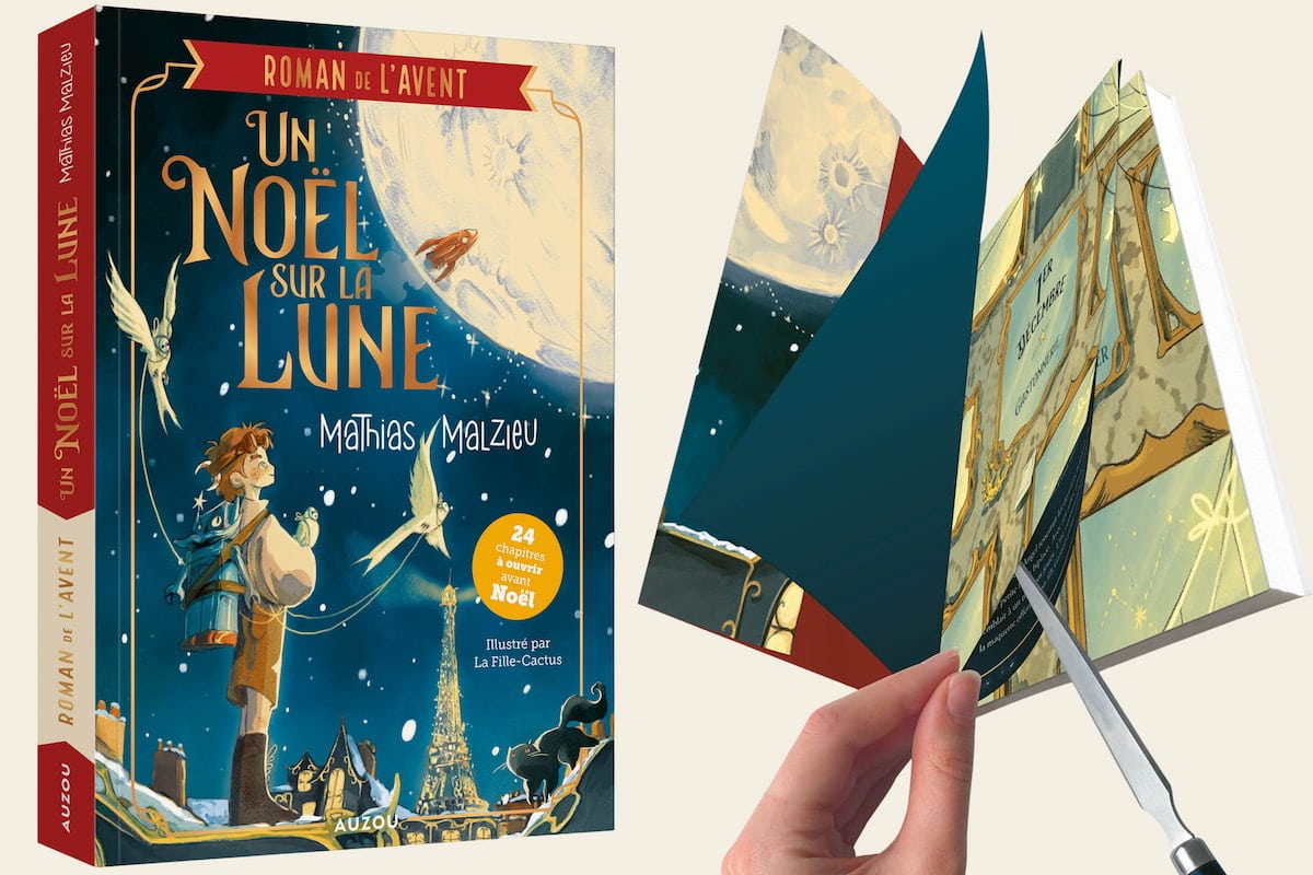 Roman de l'Avent Un Noël sur la Lune de Mathias Malzieu, avec sa couverture illustrée et ses 24 chapitres à découvrir en découpant les pages.