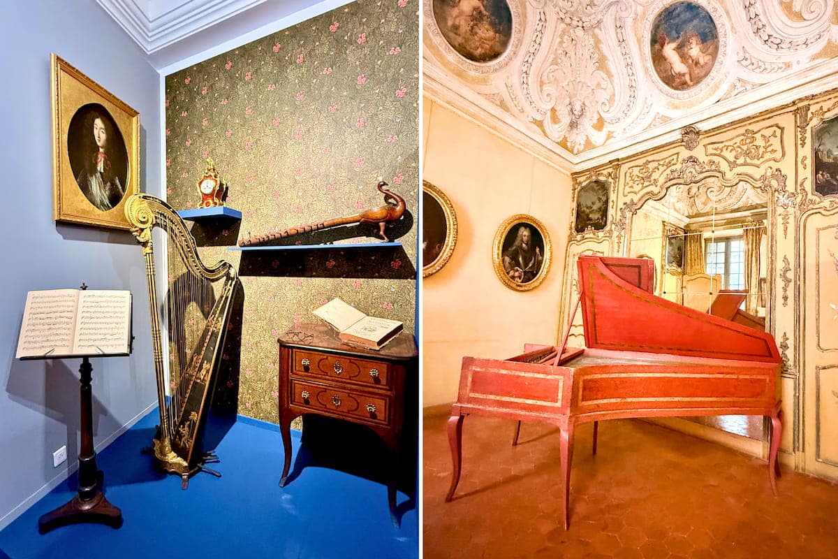 Harpe et clavecin exposés dans deux salles du Palais Lascaris à Nice