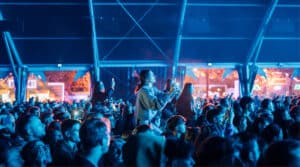 Foule au Printemps de Bourges sous les lumières d’un concert en soirée