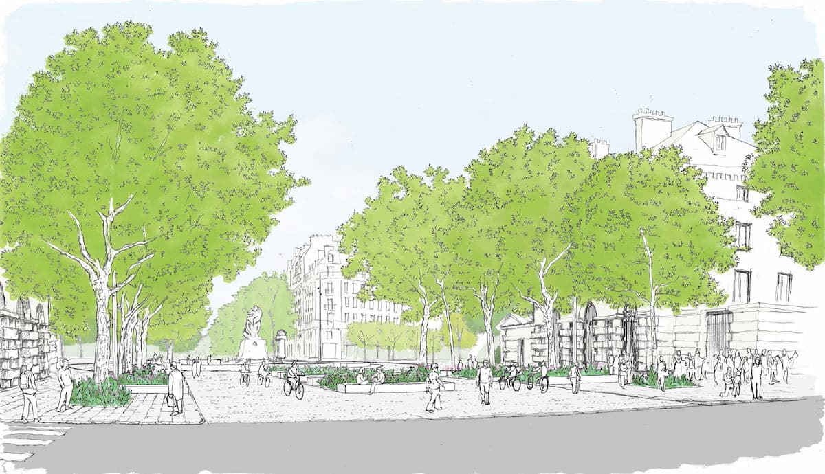 Illustration du projet d’aménagement de la place Denfert-Rochereau (14e).Crédit photo :Bureau des paysages / Alexandre Chemetoff
