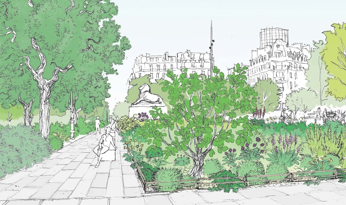 Illustration du projet d’aménagement de la place Denfert-Rochereau (14e).Crédit photo :Bureau des paysages / Alexandre Chemetoff