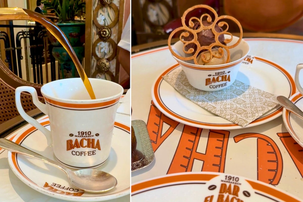 Un café servi dans une tasse Bacha Coffee et un dessert glacé présenté dans la vaisselle signature de la maison.
