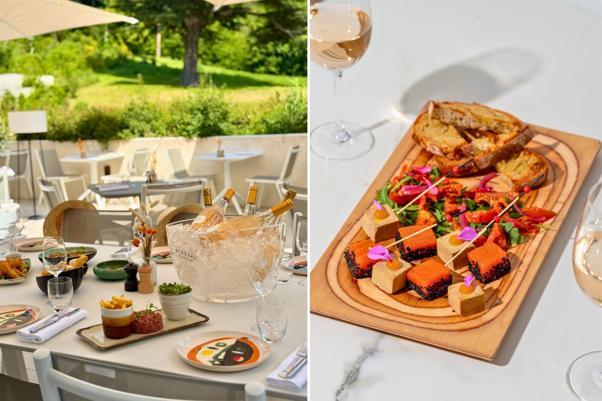 Table d’été à la Terrasse Andy du Dolce Versailles avec assiettes à partager, vin rosé et planche gourmande
