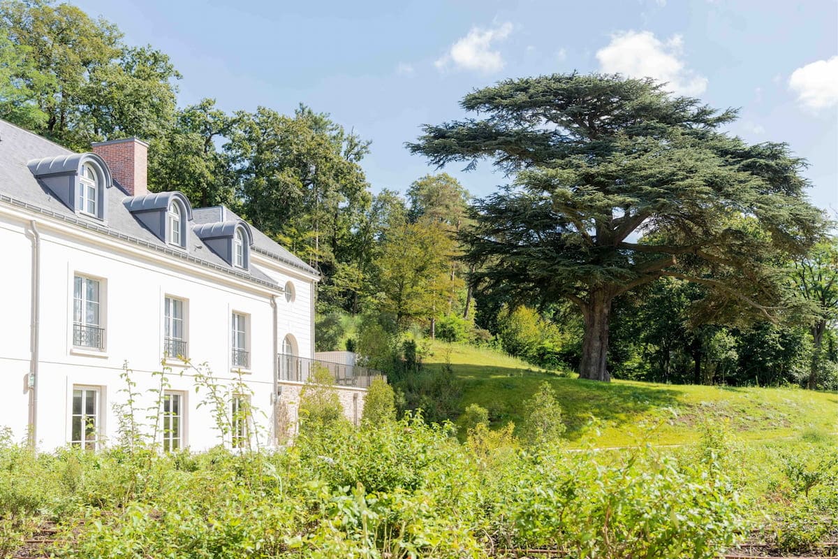 Domaine du Montcel à Jouy-en-Josas avec bâtiment blanc, parc arboré et cèdre bicentenaire