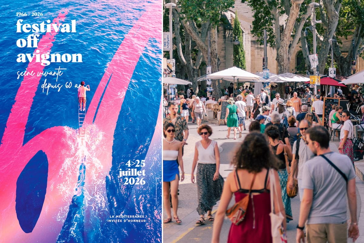 Affiche du Festival Off Avignon 2026 et festivaliers dans les rues d’Avignon pendant le festival.