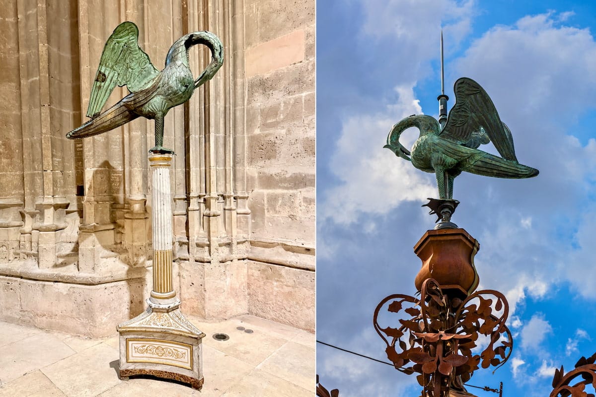 Pélican en cuivre de la cathédrale de Bourges, original exposé à l’intérieur et copie installée en girouette
