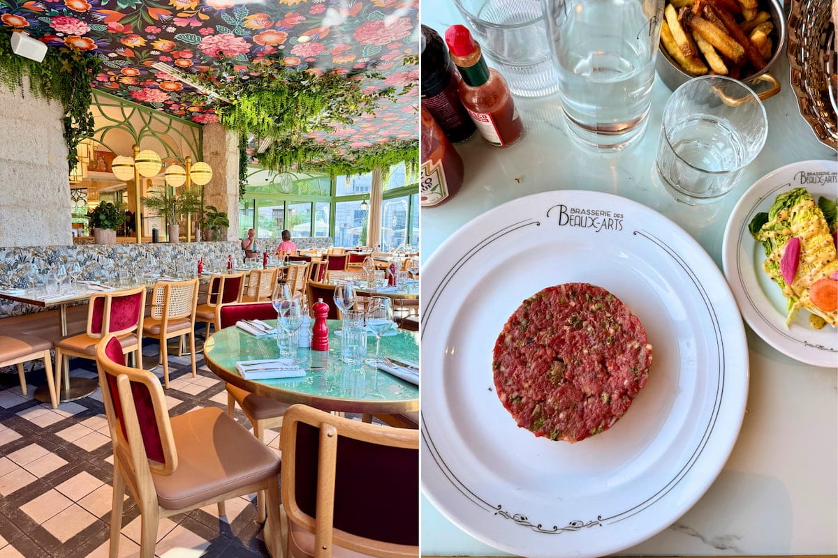 Salle de la Brasserie des Beaux-Arts à Bourges et steak tartare servi au restaurant