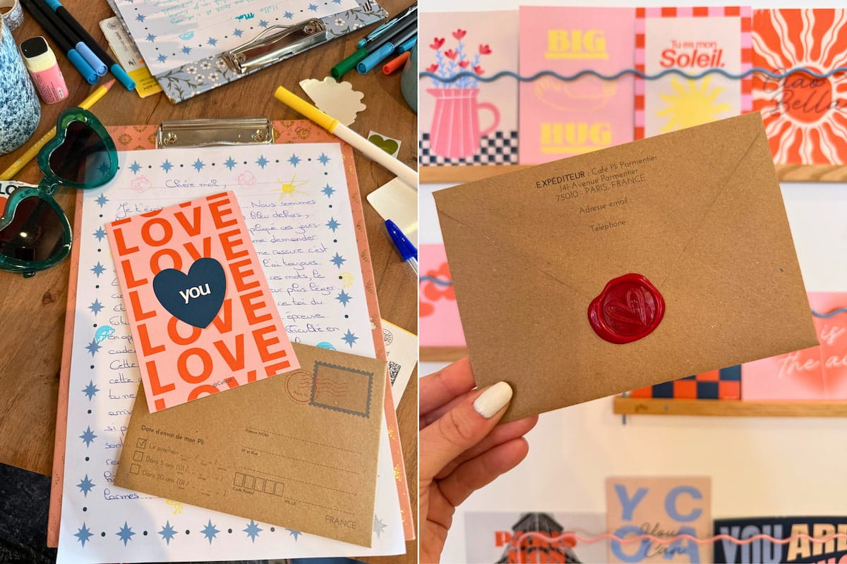 Lettre écrite et enveloppe cachetée au Café Pli