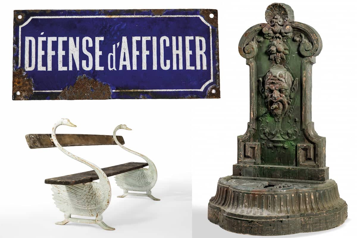Plaque Défense d’afficher, banc aux cygnes et fontaine parisienne vendus aux enchères à Drouot