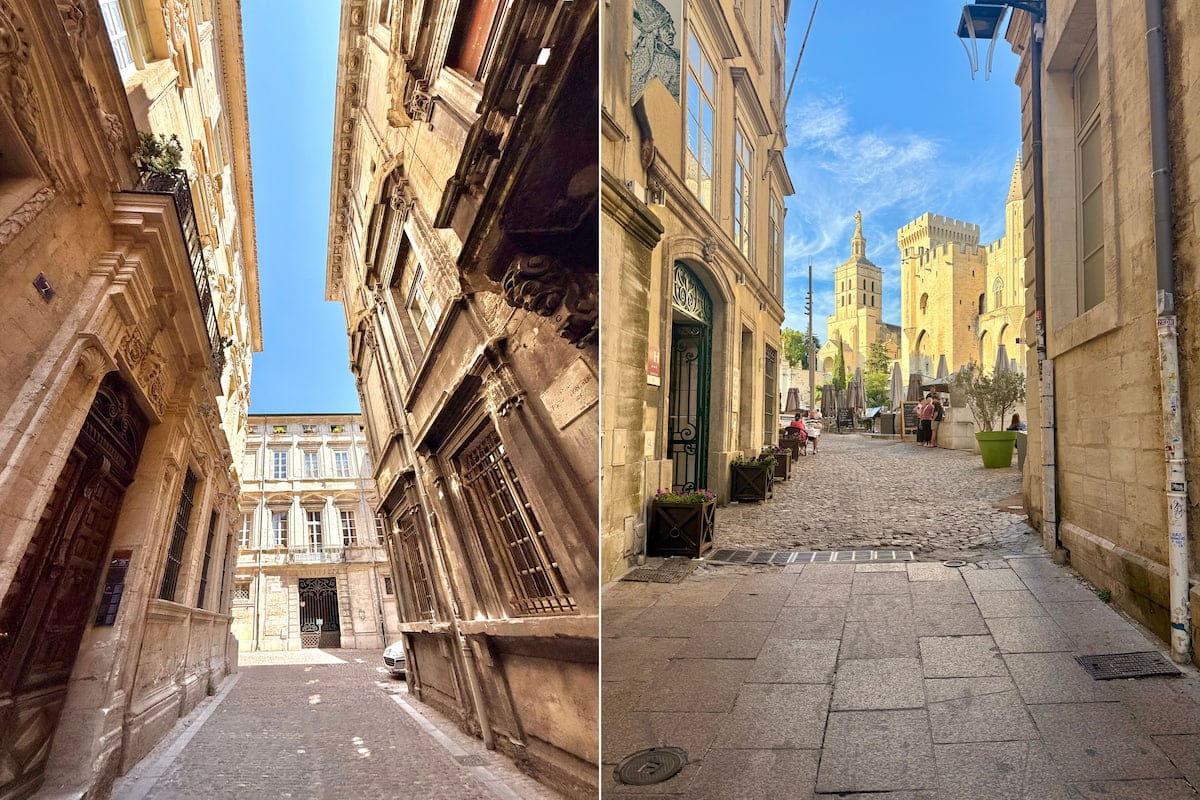 Ruelles du centre historique d’Avignon avec vue sur le Palais des Papes