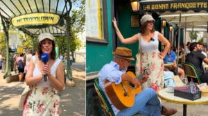 Anne-Sophie Guerrier lors d’une visite de Montmartre en chansons, entre Abbesses et La Bonne Franquette