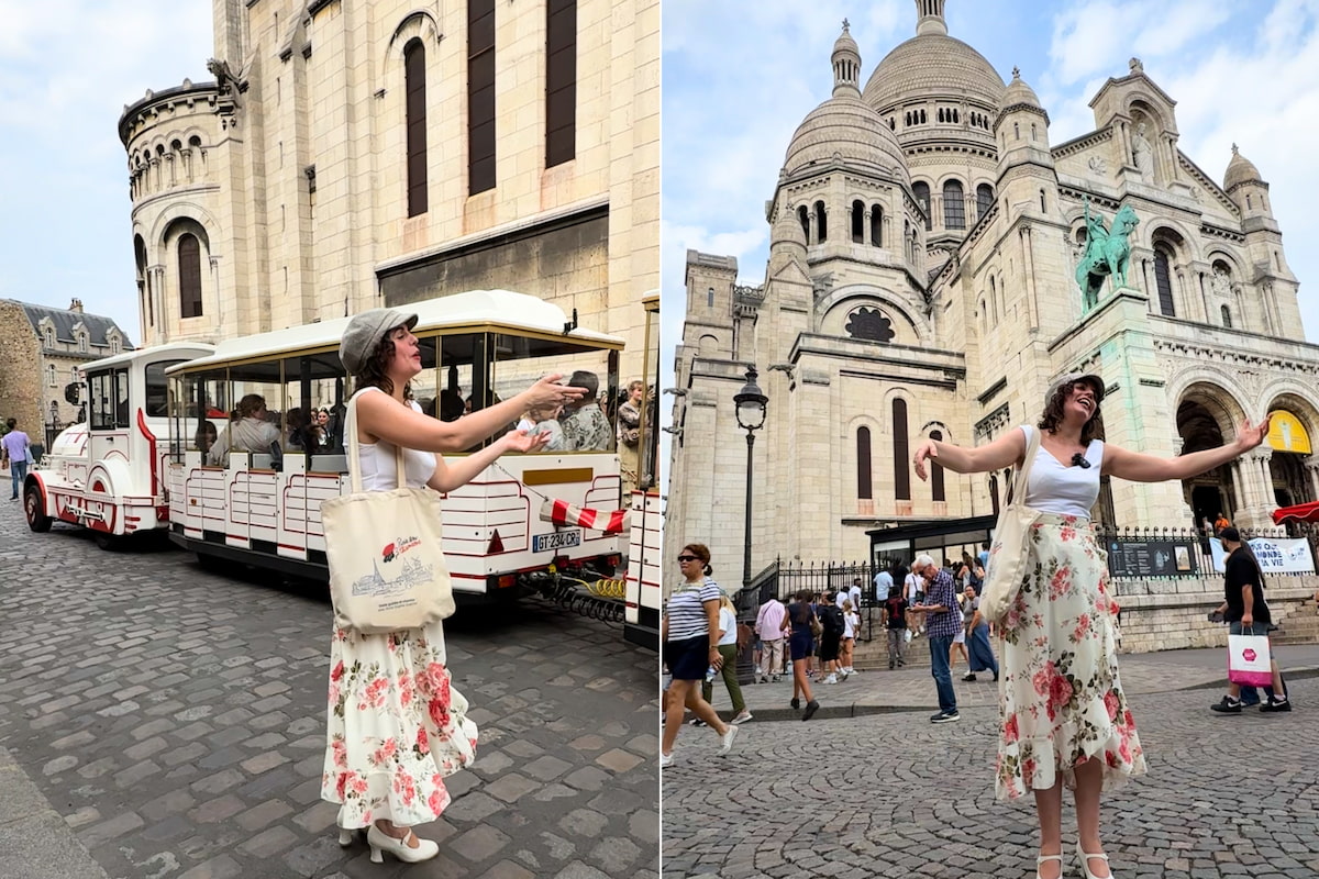 Anne-Sophie Guerrier chante devant le Sacré-Cœur lors d’une visite de Montmartre