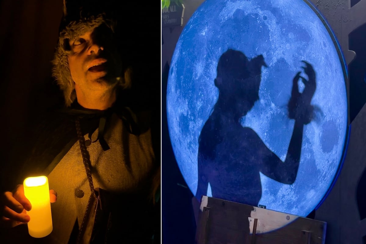 Personnage costumé et jeu d’ombres dans la Cité Immersive des Fables à Paris