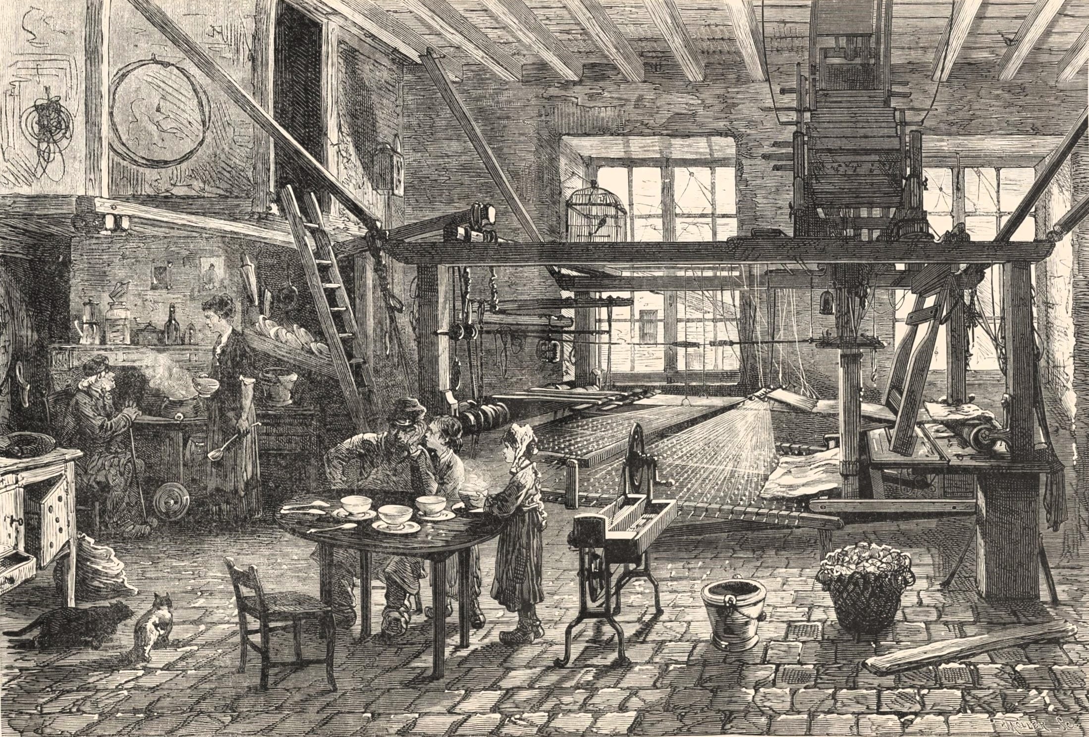 Intérieur d'un atelier de canut, au moment de la crise de 1877.Jules Férat / F. Moller