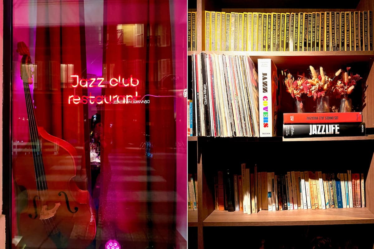Néon du Melville et bibliothèque de vinyles dans le restaurant-club de jazz parisien