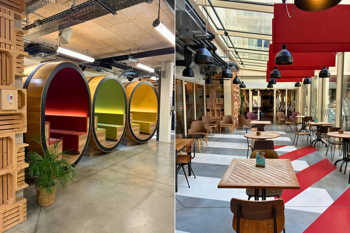 Espaces communs et alcôves colorées du MEININGER Hotel Bordeaux Gare Saint-Jean