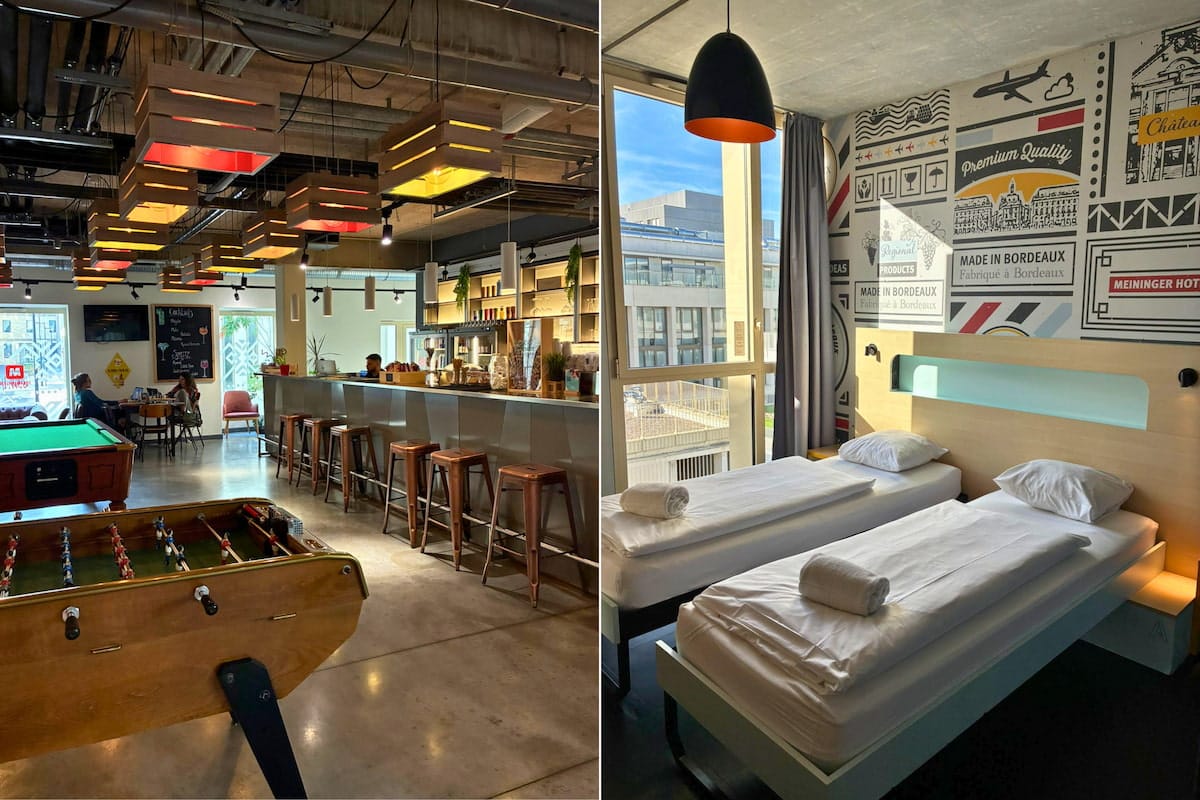 Baby-foot, bar et chambre du MEININGER Hotel Bordeaux Gare Saint-Jean