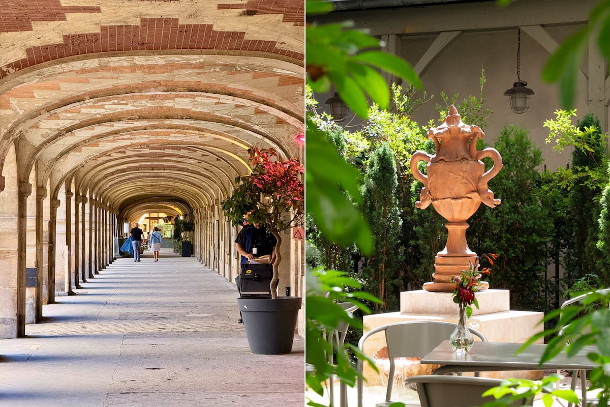 Arcades de la place des Vosges et jardin du café Papapa à la Maison Victor Hugo à Paris