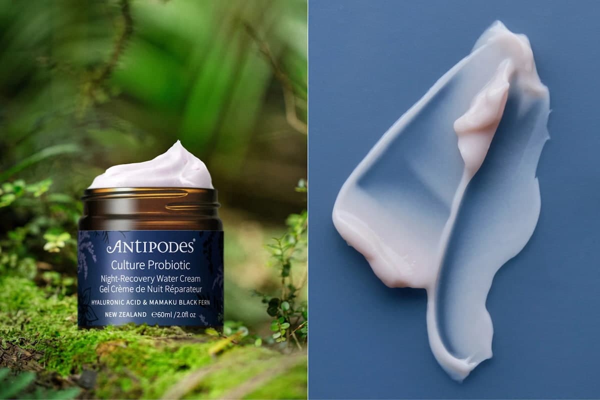 Pot de Culture Probiotic Gel Crème de Nuit Réparateur Antipodes et gros plan sur sa texture gel-crème
