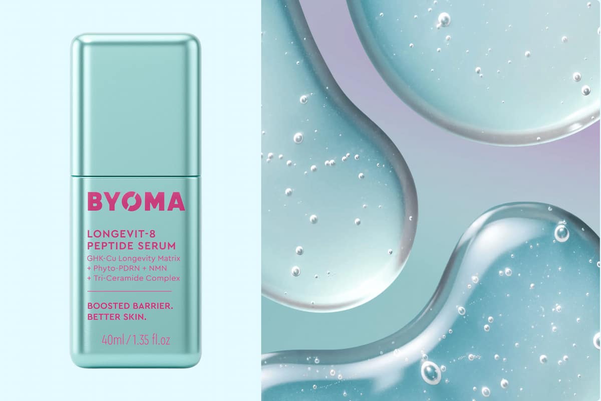 Flacon du Longevit-8 Peptide Serum de BYOMA avec sa texture sérum en gros plan